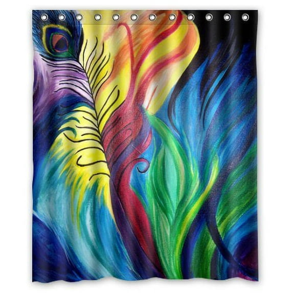 GreenDecor Peacock Feathers Waterproof Shower Curtain Set with Hooks Bathroom Accessories Size 60x72 inches