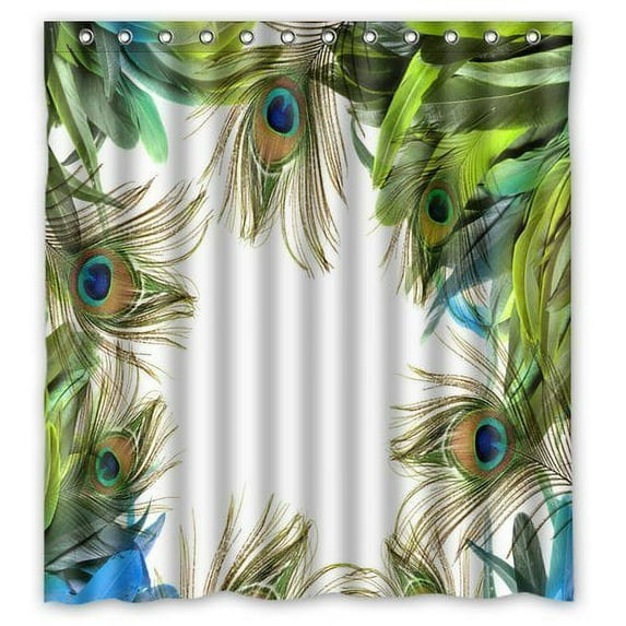 GreenDecor Peacock Feathers Waterproof Shower Curtain Set with Hooks Bathroom Accessories Size 66x72 inches