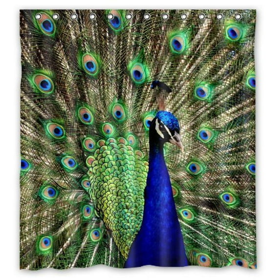 GreenDecor Peacock Feathers Waterproof Shower Curtain Set with Hooks Bathroom Accessories Size 66x72 inches