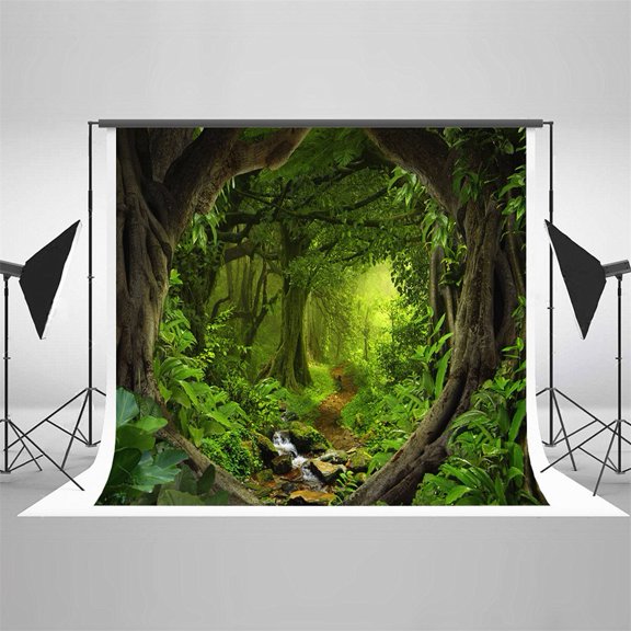 GreenDecor Photograpghy Background 5x7ft Backdrop Jungle Flowing River Large Tree Studio Digital Printed Backdrops for Pictures