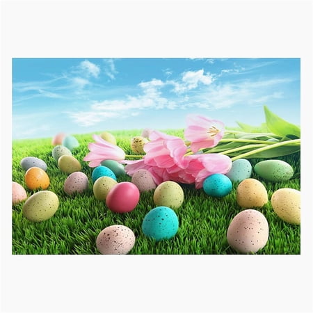 GreenDecor Photography Backdrop 7x5ft Nature View Colorful Eggs Easter Backdrops with Pink Flowers for Baby Photo Booth