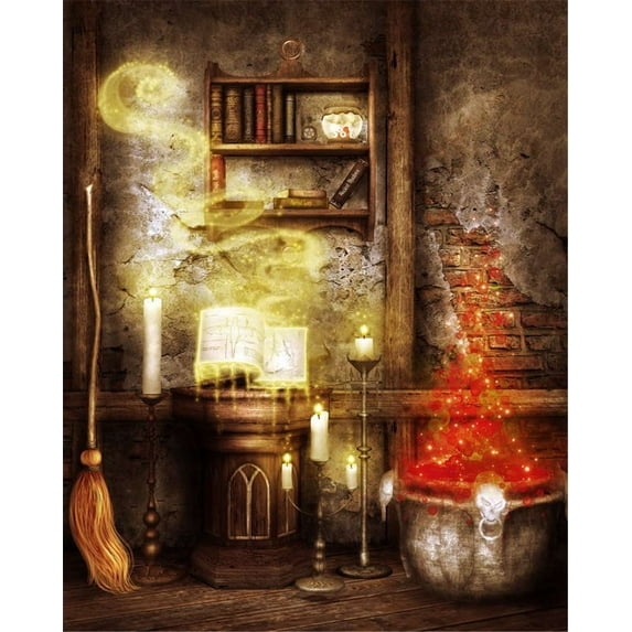 GreenDecor Photography Background 5x7ft Red Light Vintage Brick Wall Magical Broom Halloween Photo Backdrop Newborn Background Backdrop