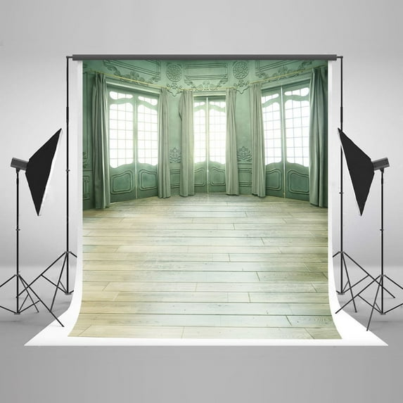 GreenDecor Photography Background Wedding 5x7ft Green Door White Windows with Wood Floor Backdrop Background for Photo Studio