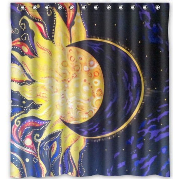 GreenDecor Popular Sun And Moon Waterproof Shower Curtain Set with Hooks Bathroom Accessories Size 66x72 inches