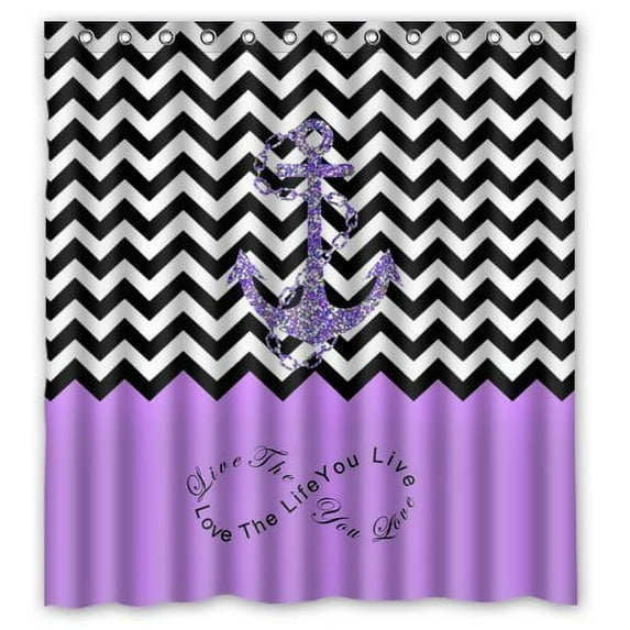 GreenDecor Purple Infinity Colorblock Chevron Zigzag With Nautical Anchor Infinity Live The Life You Love You Live Waterproof Shower Curtain Set with Hooks Bathroom Accessories Size 66x72 inches