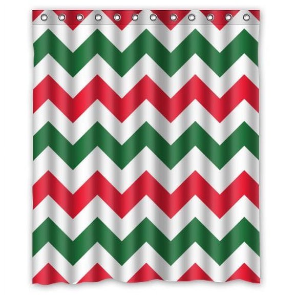 GreenDecor Red And Green Zigzag Chevron Waterproof Shower Curtain Set with Hooks Bathroom Accessories Size 60x72 inches