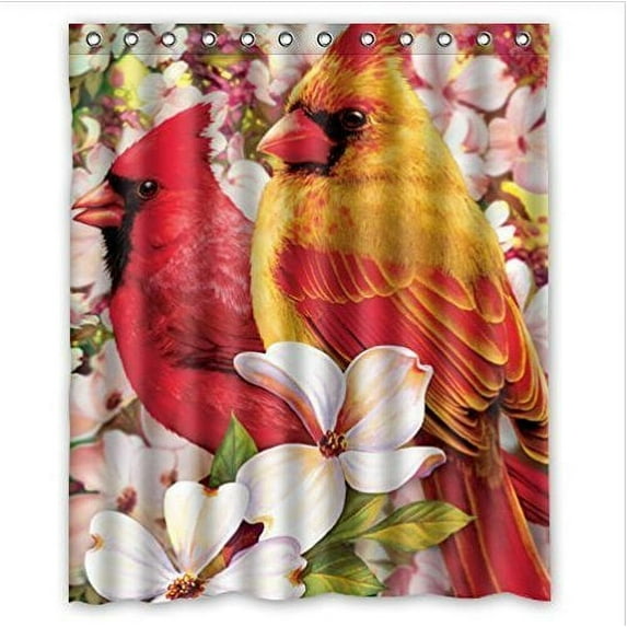 GreenDecor Red Cardinal Bird Funny Birds Art Waterproof Shower Curtain Set with Hooks Bathroom Accessories Size 60x72 inches