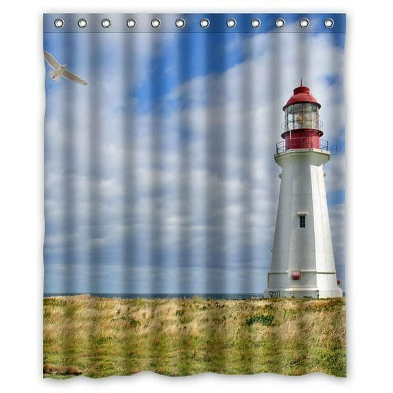 GreenDecor Red Memory Lighthouse Waterproof Shower Curtain Set with Hooks Bathroom Accessories Size 66x72 inches
