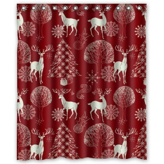 GreenDecor Red Merry Christmas Elk Waterproof Shower Curtain Set with Hooks Bathroom Accessories Size 60x72 inches