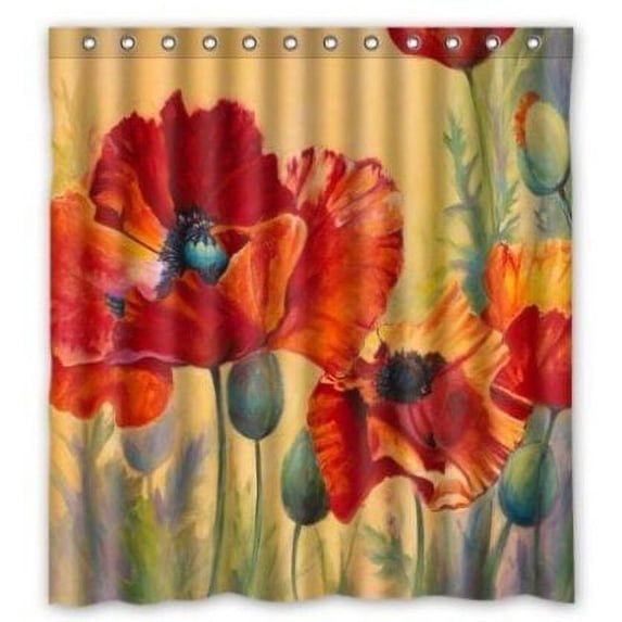 GreenDecor Red Poppy Passion Waterproof Shower Curtain Set with Hooks Bathroom Accessories Size 66x72 inches