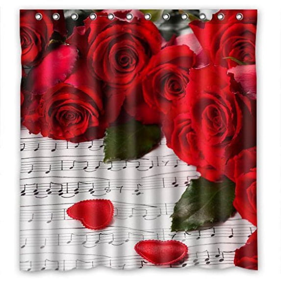 GreenDecor Red Rose Music Note Love Heart Waterproof Shower Curtain Set with Hooks Bathroom Accessories Size 66x72 inches