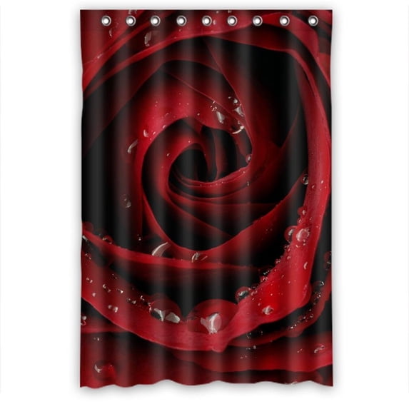 GreenDecor Red Rose With Waterdrop Waterproof Shower Curtain Set with Hooks Bathroom Accessories Size 48x72 inches