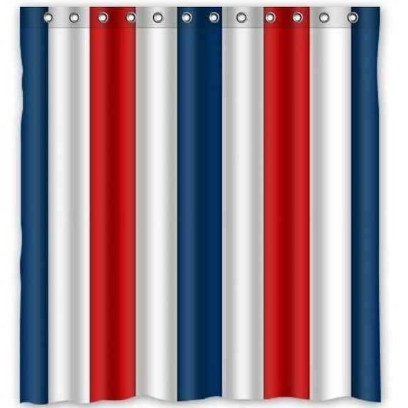 GreenDecor Red White And Blue Stripes Waterproof Shower Curtain Set with Hooks Bathroom Accessories Size 66x72 inches