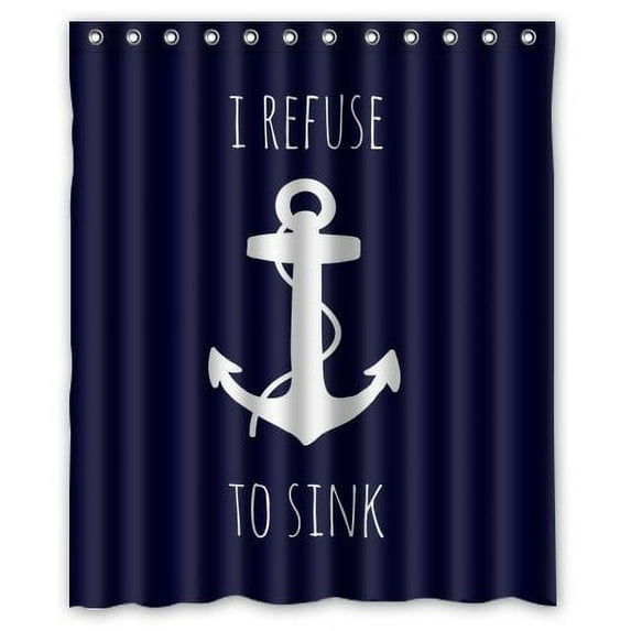 GreenDecor Refuse To Sink Navy Anchor Waterproof Shower Curtain Set with Hooks Bathroom Accessories Size 60x72 inches