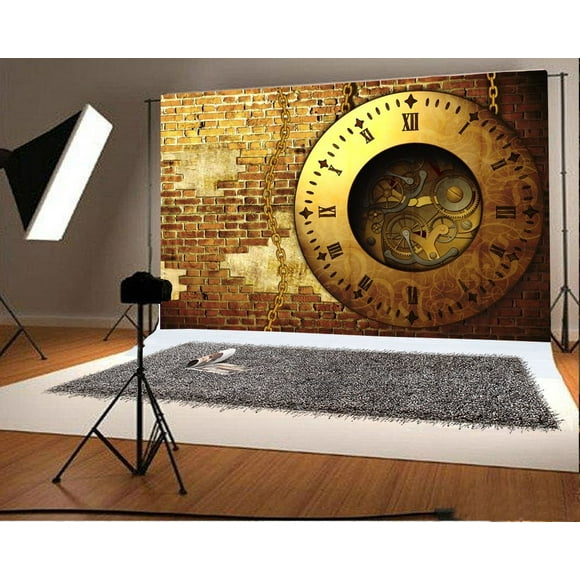 GreenDecor Retro Metal Clock Backdrop 7x5ft Steampunk Background Iron Chain Brick Wall Children Baby Kids Photos Video Studio Props