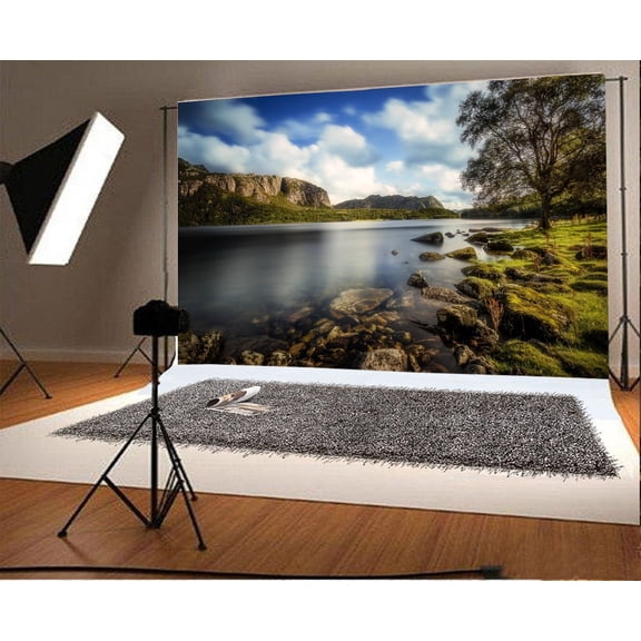GreenDecor River Backdrop 7x5ft Photography Background Mountains Cobblestones Moss Trees White Clouds Nature Scenery Children Baby Kids Photos Video Studio Props