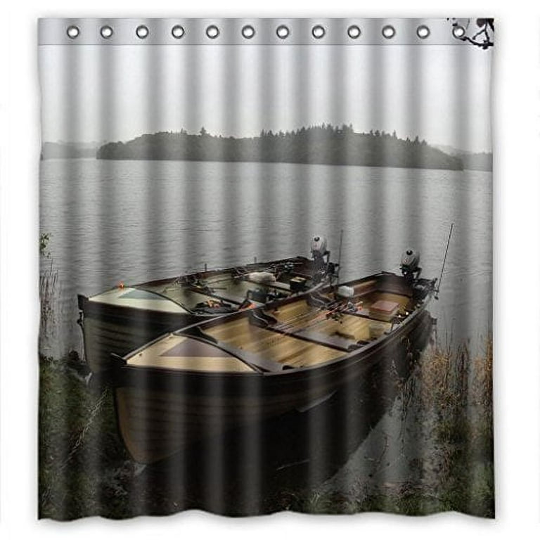 GreenDecor River Bank Fishing Boat Waterproof Shower Curtain Set with Hooks  Bathroom Accessories Size 66x72 inches 
