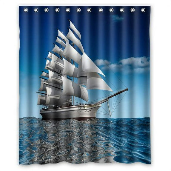GreenDecor Sea Boat Ship Waterproof Shower Curtain Set with Hooks Bathroom Accessories Size 60x72 inches
