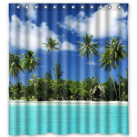 GreenDecor Sea Palm Tree Waterproof Shower Curtain Set with Hooks Bathroom Accessories Size 66x72 inches