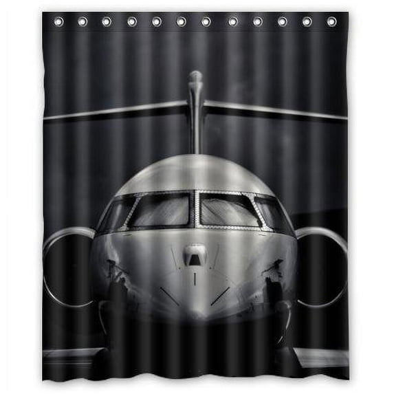 GreenDecor Special Black White Airplane Waterproof Shower Curtain Set with Hooks Bathroom Accessories Size 60x72 inches