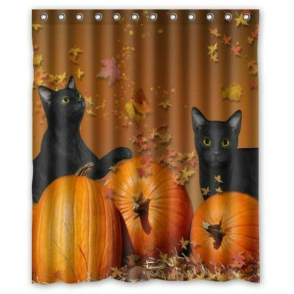 GreenDecor Special Funny Halloween Pumpkin And Black Cat Print Waterproof Shower Curtain Set with Hooks Bathroom Accessories Size 60x72 inches