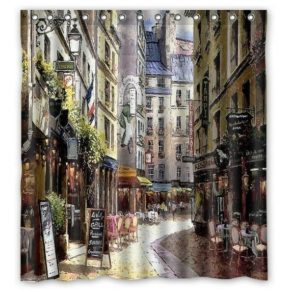 GreenDecor Streets Of Paris Cafe Watercolor Waterproof Shower Curtain Set with Hooks Bathroom Accessories Size 66x72 inches