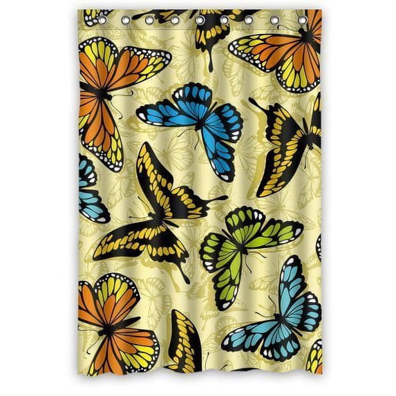 GreenDecor Stylized Vector Butterflies Waterproof Shower Curtain Set with Hooks Bathroom Accessories Size 48x72 inches