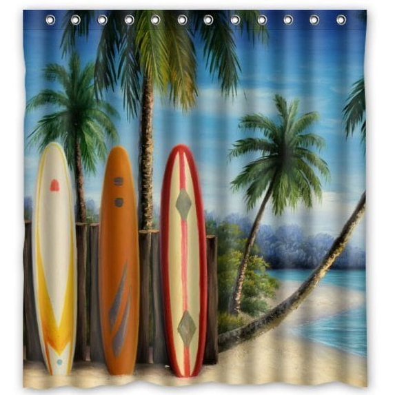 GreenDecor Surfboards Waterproof Shower Curtain Set with Hooks Bathroom Accessories Size 66x72 inches