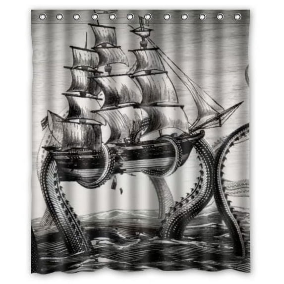 GreenDecor The Sea Monster Volume Ship Waterproof Shower Curtain Set with Hooks Bathroom Accessories Size 60x72 inches