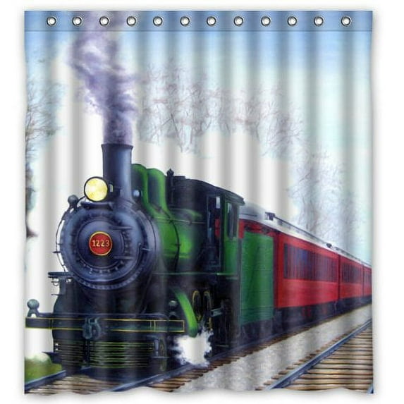 GreenDecor Train Steam Engine Novelty Waterproof Shower Curtain Set with Hooks Bathroom Accessories Size 66x72 inches