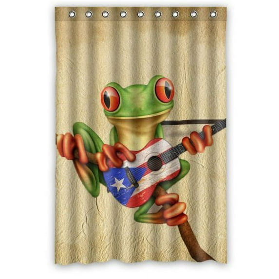GreenDecor Tree Frog Playing Puerto Rico Flag Guitar Waterproof Shower Curtain Set with Hooks Bathroom Accessories Size 48x72 inches