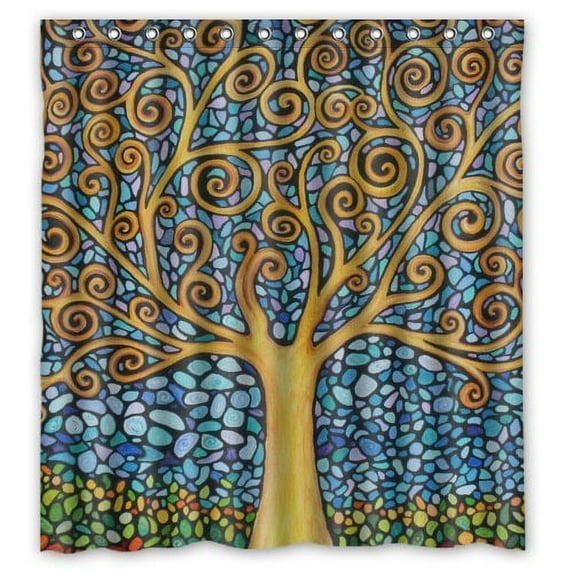 GreenDecor Tree Of Life Waterproof Shower Curtain Set with Hooks Bathroom Accessories Size 66x72 inches