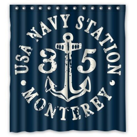 GreenDecor Usa Navy Station Monterey Chevron Anchor Waterproof Shower Curtain Set with Hooks Bathroom Accessories Size 66x72 inches