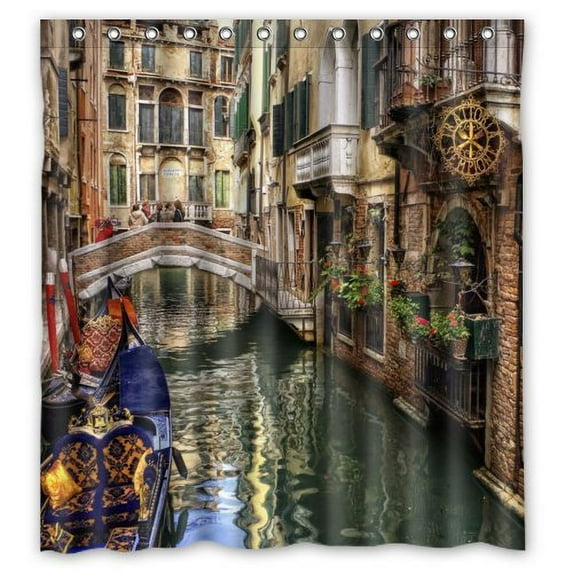 GreenDecor Venice Italy Street Canal Bridge Gondolas Waterproof Shower Curtain Set with Hooks Bathroom Accessories Size 66x72 inches