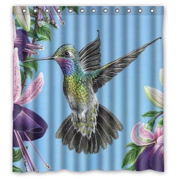 GreenDecor Vintage Hummingbird Eat Flower Art Waterproof Shower Curtain Set with Hooks Bathroom Accessories Size 66x72 inches