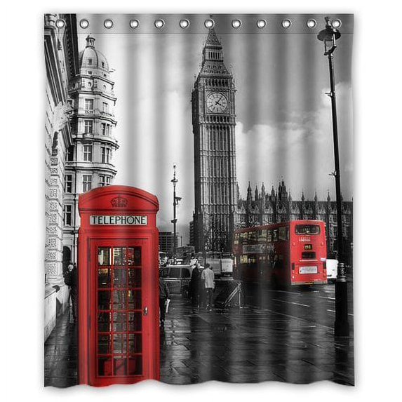 GreenDecor Vintage London Big Ben Red Telephone Booth Waterproof Shower Curtain Set with Hooks Bathroom Accessories Size 60x72 inches