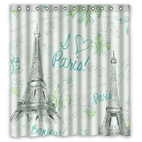 GreenDecor Vintage Paris Eiffel Tower With Heart Art Waterproof Shower Curtain Set with Hooks Bathroom Accessories Size 66x72 inches