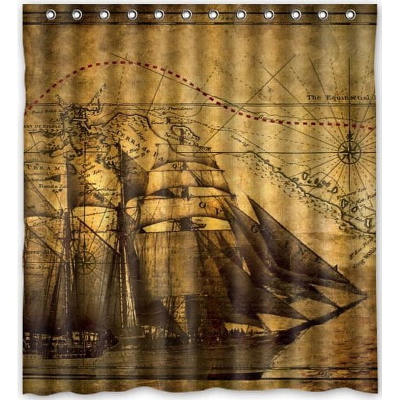 GreenDecor Vintage Sailing Pirate Ship Waterproof Shower Curtain Set with Hooks Bathroom Accessories Size 66x72 inches