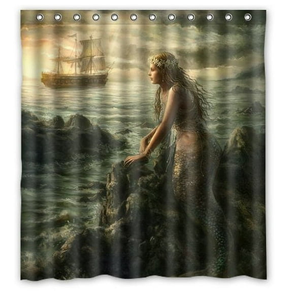 GreenDecor Vintage Vintage Mermaid Art Waterproof Shower Curtain Set with Hooks Bathroom Accessories Size 66x72 inches