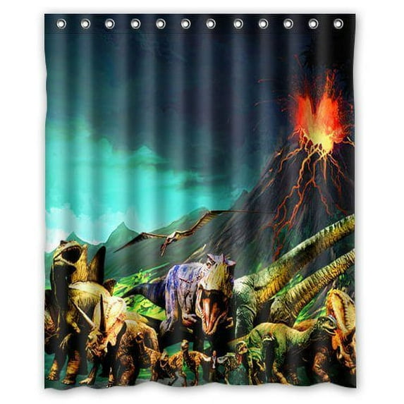 GreenDecor Volcanic Eruption And Upset Dinosaur Waterproof Shower Curtain Set with Hooks Bathroom Accessories Size 60x72 inches