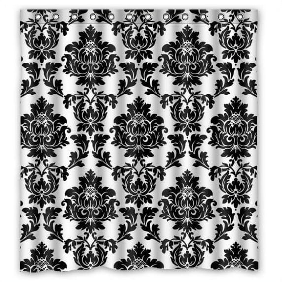 GreenDecor White Black Damask Flower Floral Waterproof Shower Curtain Set with Hooks Bathroom Accessories Size 66x72 inches