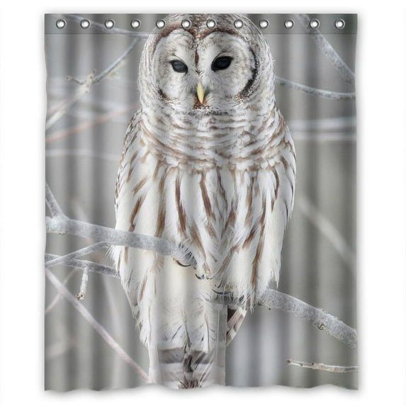 GreenDecor White Cute Owl Perch On Tree Waterproof Shower Curtain Set with Hooks Bathroom Accessories Size 60x72 inches
