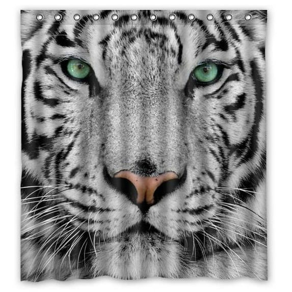 GreenDecor White Tiger Waterproof Shower Curtain Set with Hooks Bathroom Accessories Size 66x72 inches