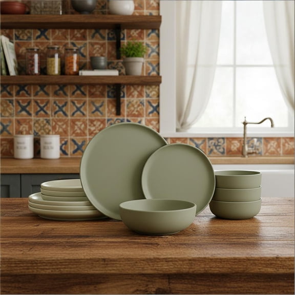 GreenElevate Porcelain Elegance 12-Piece Dinnerware Set for 4, Plates&Bowls, Microwave & Dishwasher Safe, Non-Toxic Matte Glaze, Stackable Kitchenware