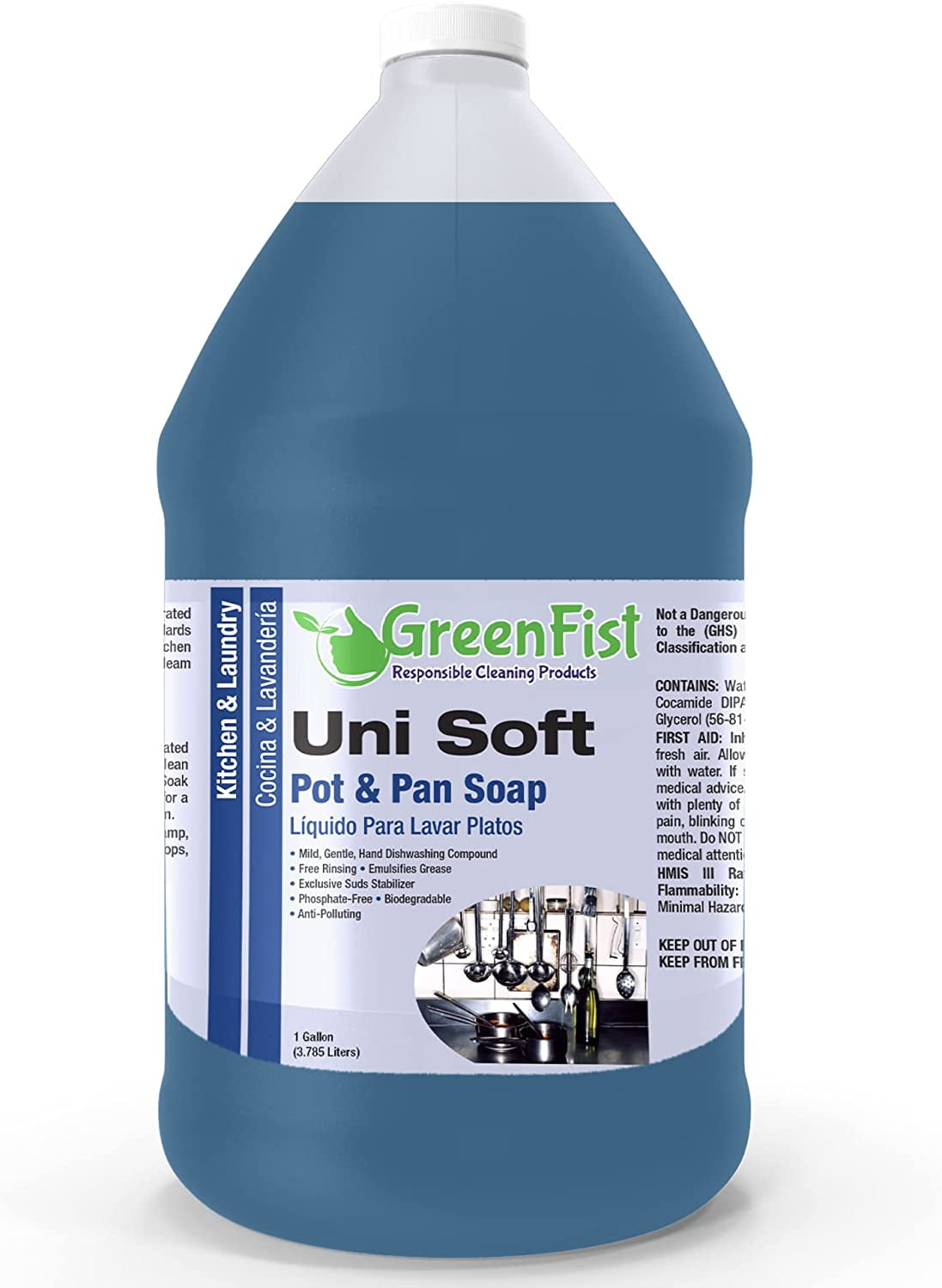 GreenFist Dish Soap Professional Detergent Liquid Pot & Pan Dish-Wash - Light or Heavy Use (1 Gallon Unisoft) (1 Gallon Green) (Blue Unisoft 1 Gallon)