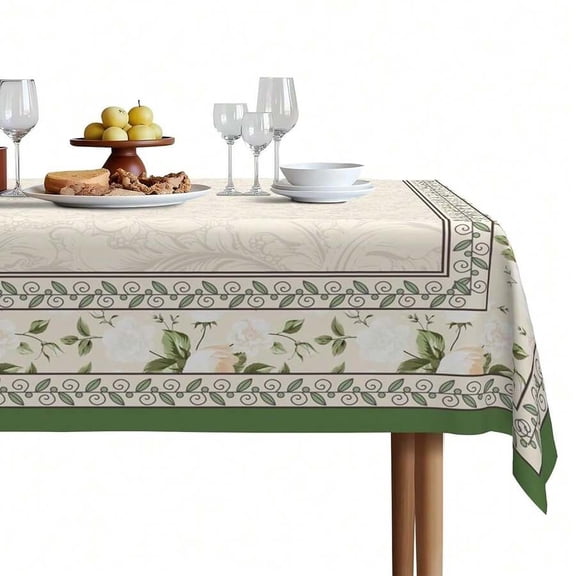 GreenFloralPrint Round Tablecloth 60 Inch, Waterproof Canvas Table Cover With Elegant Floral & Scroll Design, Wrinkle Stain Resistant