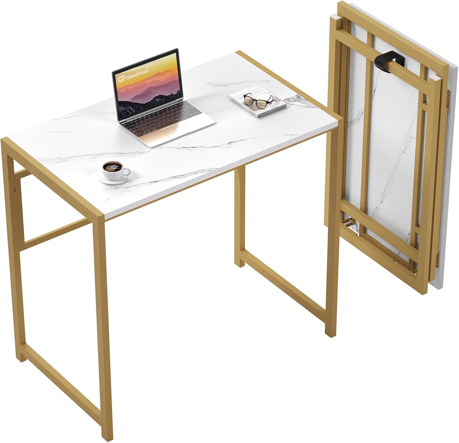 Small Folding Computer Desk For Bedroom - 31.5" Space Saving Home Office Desk, White & Gold