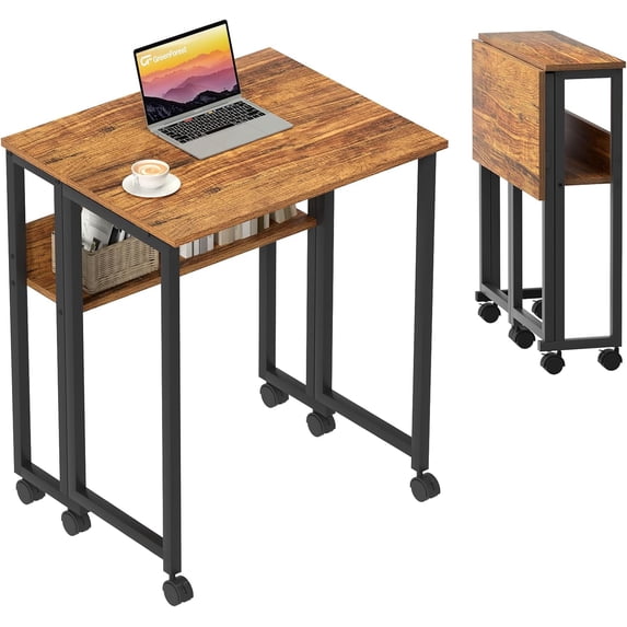 Folding Desk Small Rolling Desk with Storage Shelf, 31.5 inch Foldable Computer Desk with Wheels for Small Space, Easy Assembly,Walnut