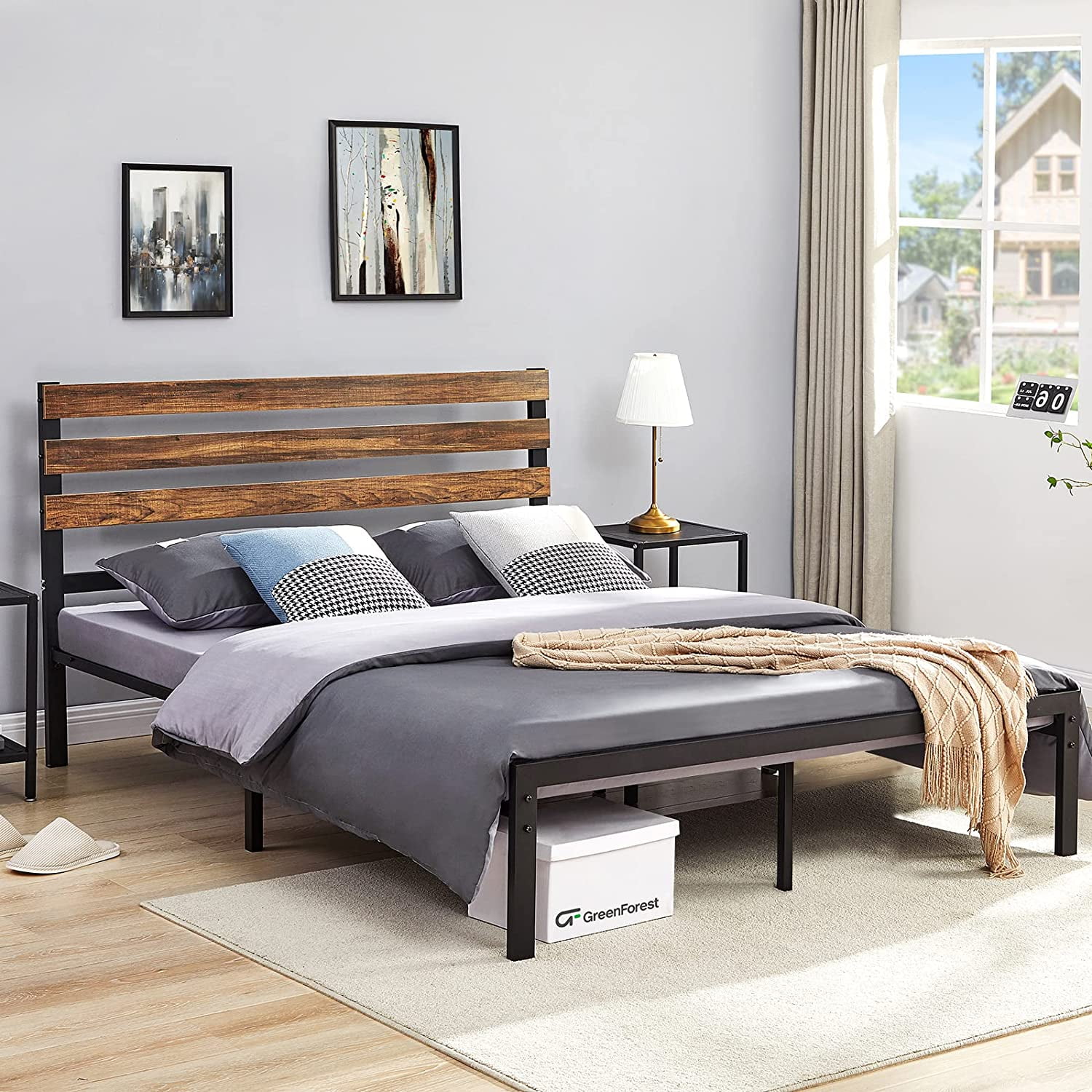 GreenForest Queen Bed Frame with Wooden Headboard Platform Bed with ...