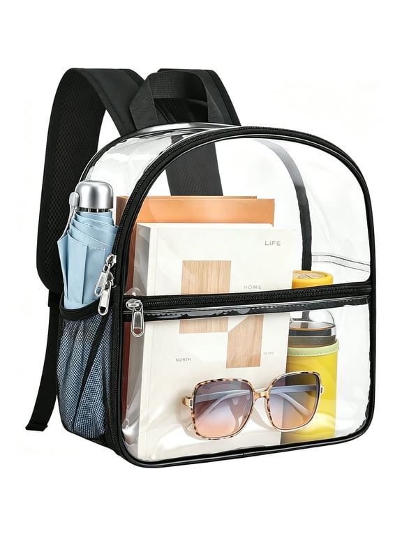 Clear Backpack Stadium Approved 12x12x6, See Through Mini Backpack with Cold-Resistant PVC, for Sports, Concert, Work & Daily, Black